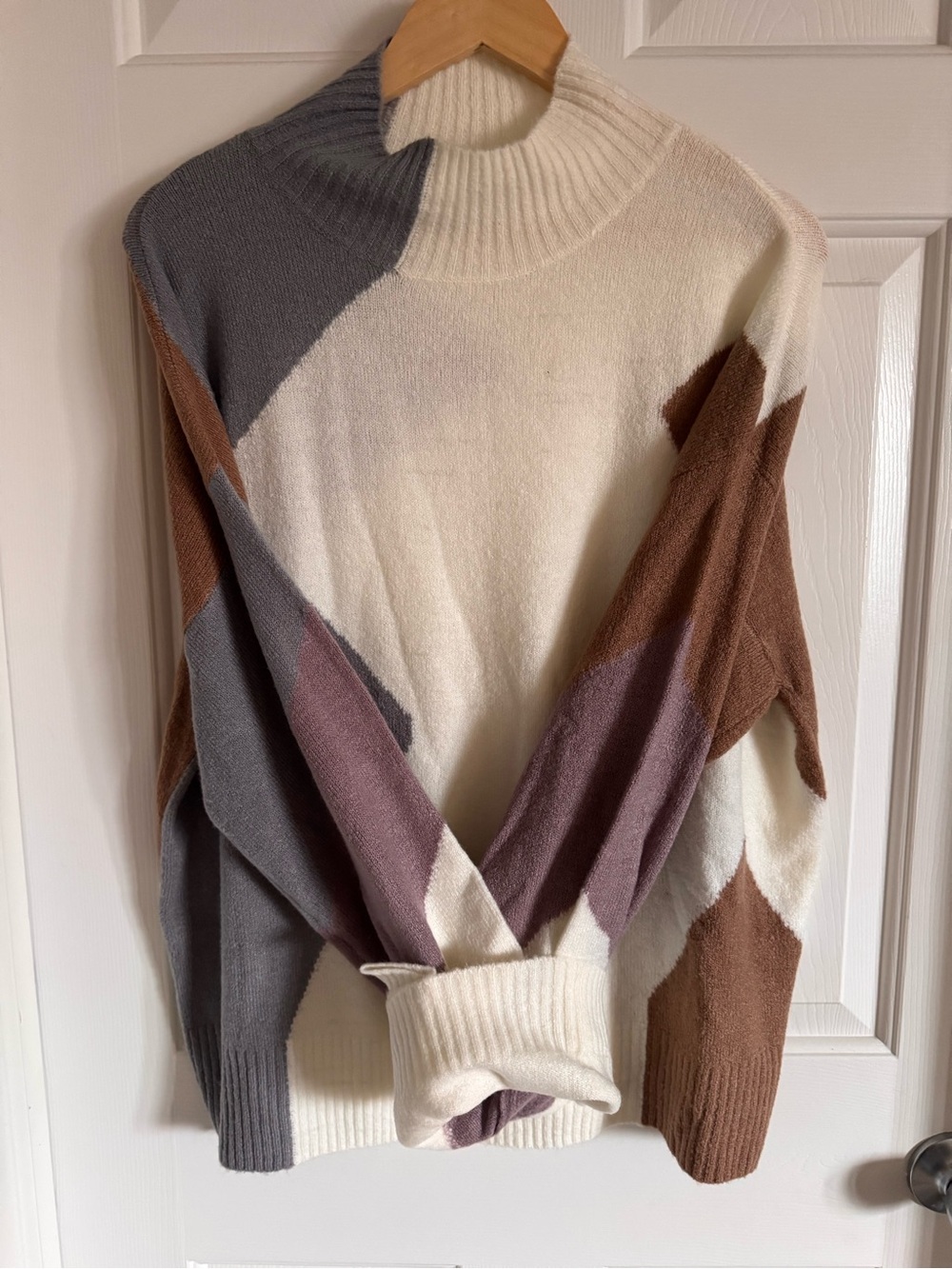 Colorblock Mock Neck Women's Sweater in Cream, Gray, Brown, Mauve